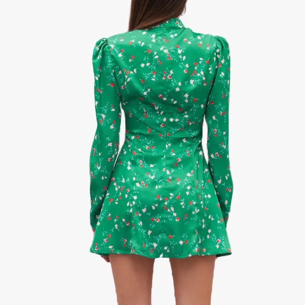 Atoir Blossom Mini Dress Green Floral Princess Sleeve Satin Finish - Picture 2 of 3